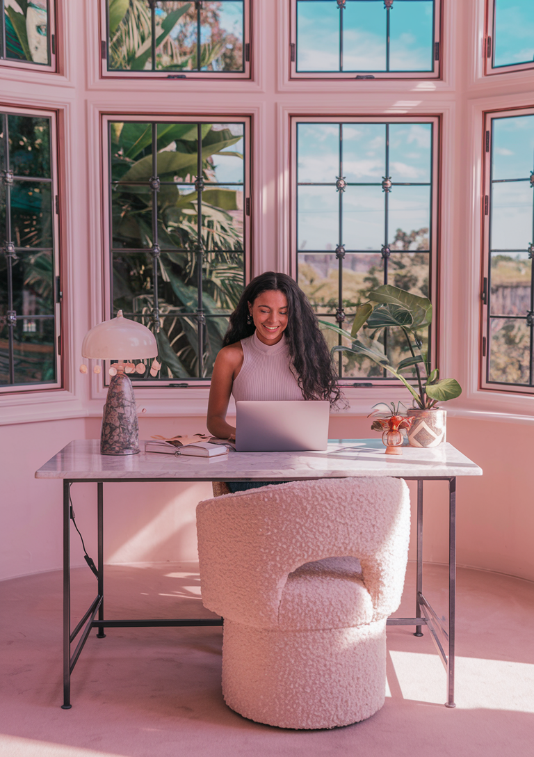 A photo of a serene and inviting feminine office space with a marble desk placed near a large window with multiple panes and black iron grids. The window offers a view of lush greenery and a clear blue sky. There's a happy brown-skinned woman with long curly hair sitting behind her desk, working on her laptop. She's wearing a fitted ribbed white tank top. On the desk, there's a boho table lamp with a unique design, a small decorative item, a potted plant, and a book. Adjacent to the desk is a plush white boucle chair with a rounded backrest. The room is bathed in soft sunlight. Less