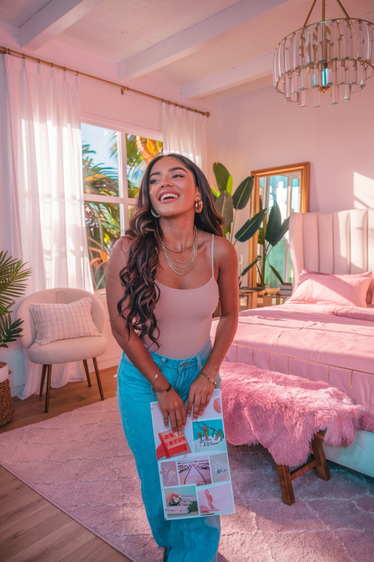 A photo of a young woman with brown skin, wearing a beige bodysuit, blue jeans, gold hoop earrings, a gold stacked thin necklace, and a gold bracelet. She has radiant natural makeup and long curly hair. She is holding a vision board with pictures of travel, aesthetic room decor, and fitness. The room has a white plush headboard bed with pink plush knit bedding. There's a wooden bench with a pink fur rug on top, a boucle chair with a white cushion, a potted plant, a boho chandelier, and a gold mirror. The room is well-lit, with warm sunlight streaming in through white curtains that frame a window with a tropical view. There are light wood floors and a beige plush rug on the floor.