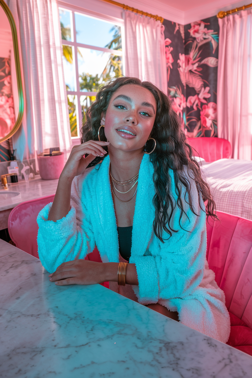 A photo of a radiant, happy brown-skinned young woman with curly hair with a confident attitude. She has natural makeup with light pink lips and light pink cheeks. She is wearing a chic outfit: a white plush robe, gold hoop earrings, a gold stacked thin necklace, and a gold bracelet. The room has marble counter tops, a bed with pink plush chairs, a gold mirror, and floral wall art. The room is well-lit, with warm sunlight streaming in through white curtains that frame a window with a tropical view.