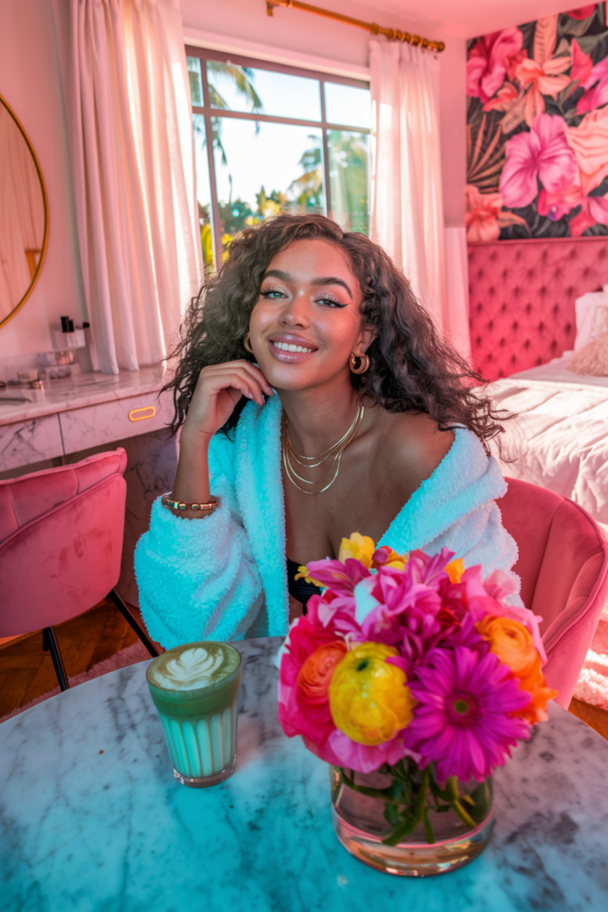 A photo of a radiant, happy brown-skinned young woman with curly hair with a confident attitude. She has natural radiant makeup. She is wearing a chic outfit: a white plush robe, gold hoop earrings, a gold stacked thin necklace, and a gold bracelet. The room has marble counter tops, a bed with pink plush chairs, a gold mirror, and floral wall art. She is sitting at a marble table, with a vibrant pink, orange, yellow bouquet in a vase in front of her. The room is well-lit, with warm sunlight streaming in through white curtains that frame a window with a tropical view. There is a matcha latte on the table.