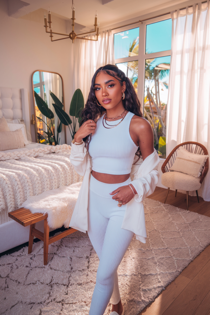 A photo of a young woman with brown skin and a confident posture. She is wearing a fitted white ribbed tank, white leggings, a white blazer, gold hoop earrings, a gold stacked thin necklace, and a gold bracelet. She has radiant natural makeup and long curly hair. The room has a white plush headboard bed with off-white plush knit bedding, a wooden bench with a white fur rug on top, a boucle chair with a white cushion, a potted plant, a boho chandelier, and a gold mirror. The room is well-lit, with warm sunlight streaming in through white curtains that frame a window with a tropical view. There are light wood floors and a beige plush rug on the floor.