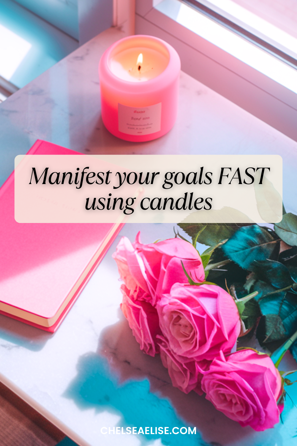 A photo of a marble desk with a pink lit candle, a pink journal, and a pink rose bouquet. The desk is placed near a window, and sunlight is beaming in through the window. The floor has a beige rug.