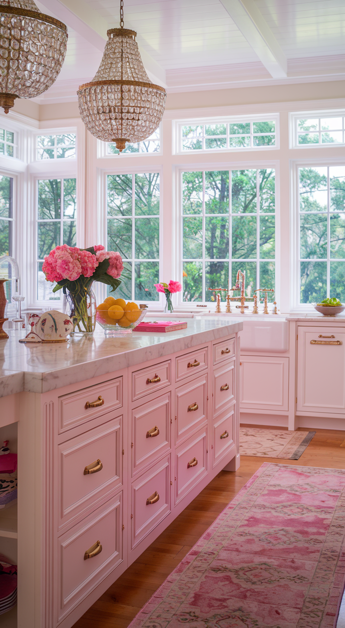 A photo of a bright and spacious kitchen with a large kitchen island in the center. The island has a marble countertop and is adorned with a vase of pink flowers, a bowl of lemons, and some decorative items. Above the island, there are two ornate crystal chandeliers. The kitchen cabinets are white with gold handles, and there's a sink with a gold faucet on the far right. Large windows allow ample natural light, offering a view of green trees outside. The floor is wooden, and there's a pink and beige patterned rug running along one side of the kitchen.