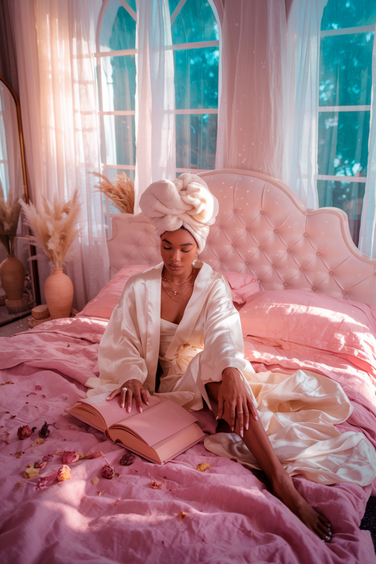 A photo of a sun-drenched bedroom with golden morning light streaming through sheer white curtains. The focal point is a cloud-like bed with a luxe white tufted headboard and soft pink linen bedding. A brown-skinned young woman sits peacefully under the covers on the bed, wearing a flowing cream silk robe and a plush white hair wrap. She's immersed in reading a blush pink leather-bound Bible, surrounded by scattered dried flower petals. Minimal gold jewelry catches the sunlight - dainty layered necklaces and subtle rings complement her glossy pearl-pink manicure. A large arched window creates natural light that bathes everything in a warm glow, highlighting small dust particles dancing in the air. The room features touches of aesthetic decor: a ceramic vase with pampas grass, a vintage mirror, and a collection of crystals on the windowsill catching rainbow prisms.