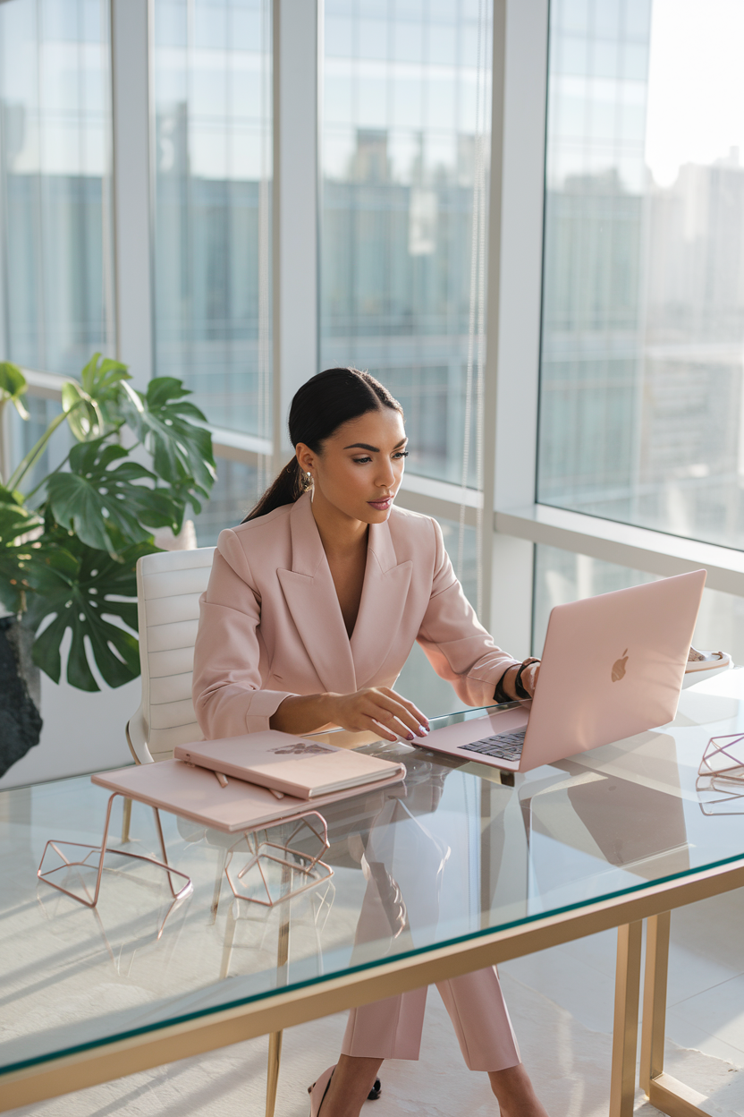 A cinematic shot of a professional woman in her early 30s sitting at a modern glass desk bathed in soft morning sunlight streaming through floor-to-ceiling windows. She is wearing a blush pink blazer and is working on her rose gold MacBook. A marble notebook and rose gold accessories are scattered artistically around her. In the background, there is a potted monstera plant. The office decor is minimalist, with white and gold elements. The image has 8K quality.