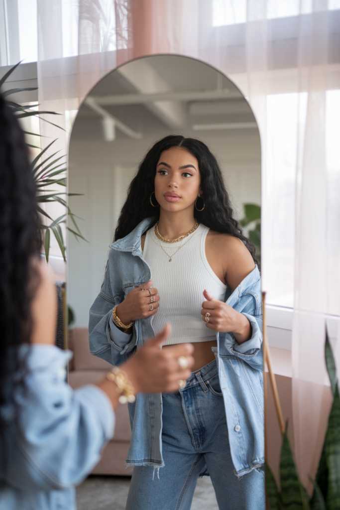 A cinematic shot of a young woman with brown skin and long curly hair practicing her presentation in front of a mirror. She is wearing a white ribbed tank top, an oversized jean jacket, blue jeans, gold rings, gold hoop earrings, gold bracelets, and a gold necklace. The room has a Scandinavian design with neutral tones and blush accents, and there are indoor plants. Morning light filters through sheer curtains. The background is blurred, with a couch and a plant. Gold hoop earrings, gold necklaces, and gold bracelets, natural makeup.