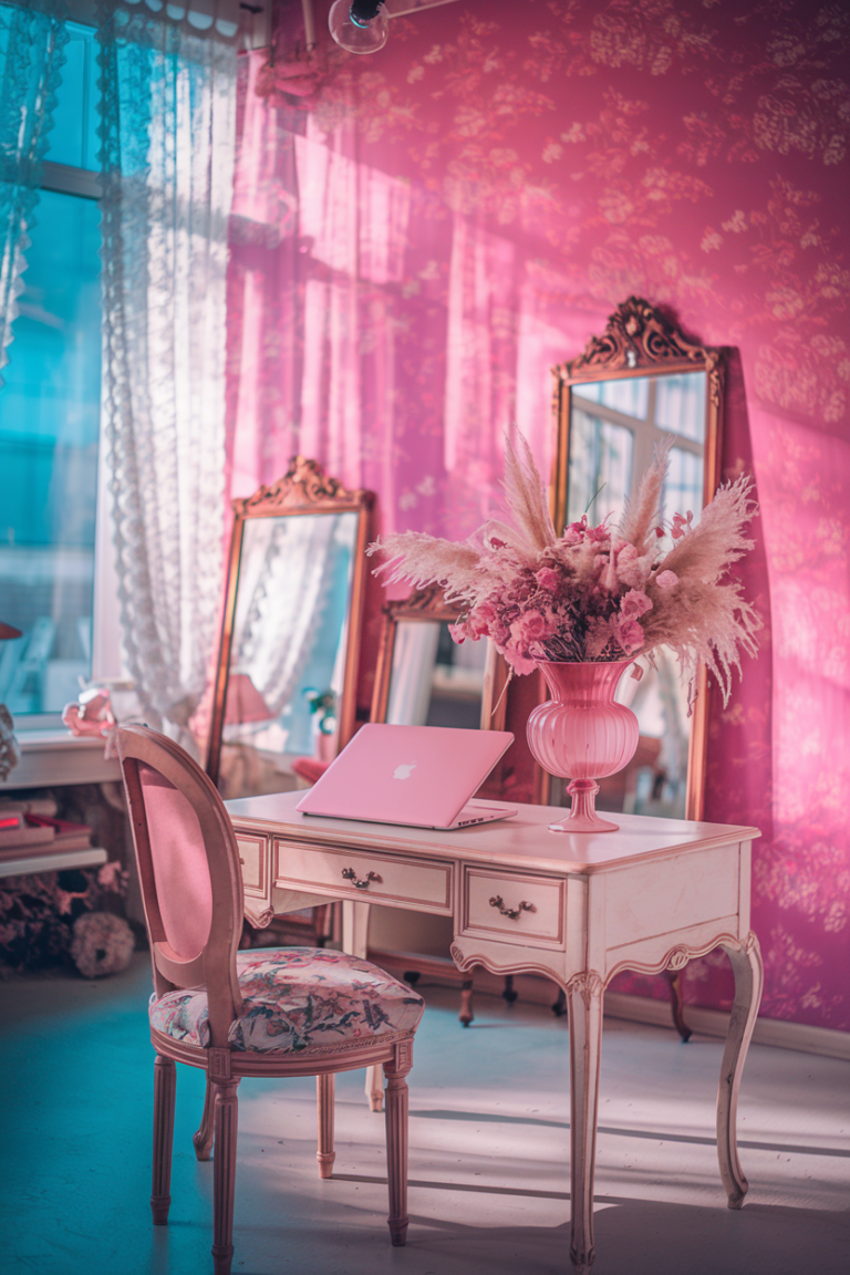 A film photography style shot of a romantic home office with a vintage pink floral wallpaper. There is an antique white desk with curved legs and a pink milk glass vase filled with dried pink flowers and pampas grass. There are also ornate gold-framed vintage mirrors and lace curtains. The room has an antique pink desk chair with a floral cushion. The room is bathed in soft morning light, and the overall aesthetic is cottage core. The image has a resolution of 8k. A pink Macbook Pro closed is placed in the center of the desk.