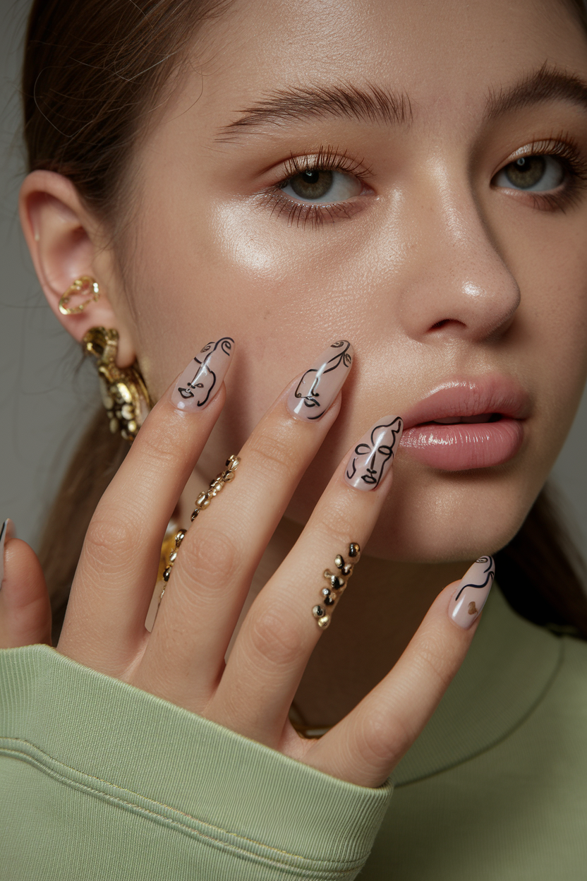 A medium shot of a young woman with light brown skin. She is wearing a sage green top and has intricately designed nails. The nails have a Korean minimal abstract face line art design, tiny gold hearts, and a glossy finish with matte accents. The nails are medium almond shape. The background is neutral, allowing the nails and accessories to be the primary focus. The lighting is fashion magazine lighting.