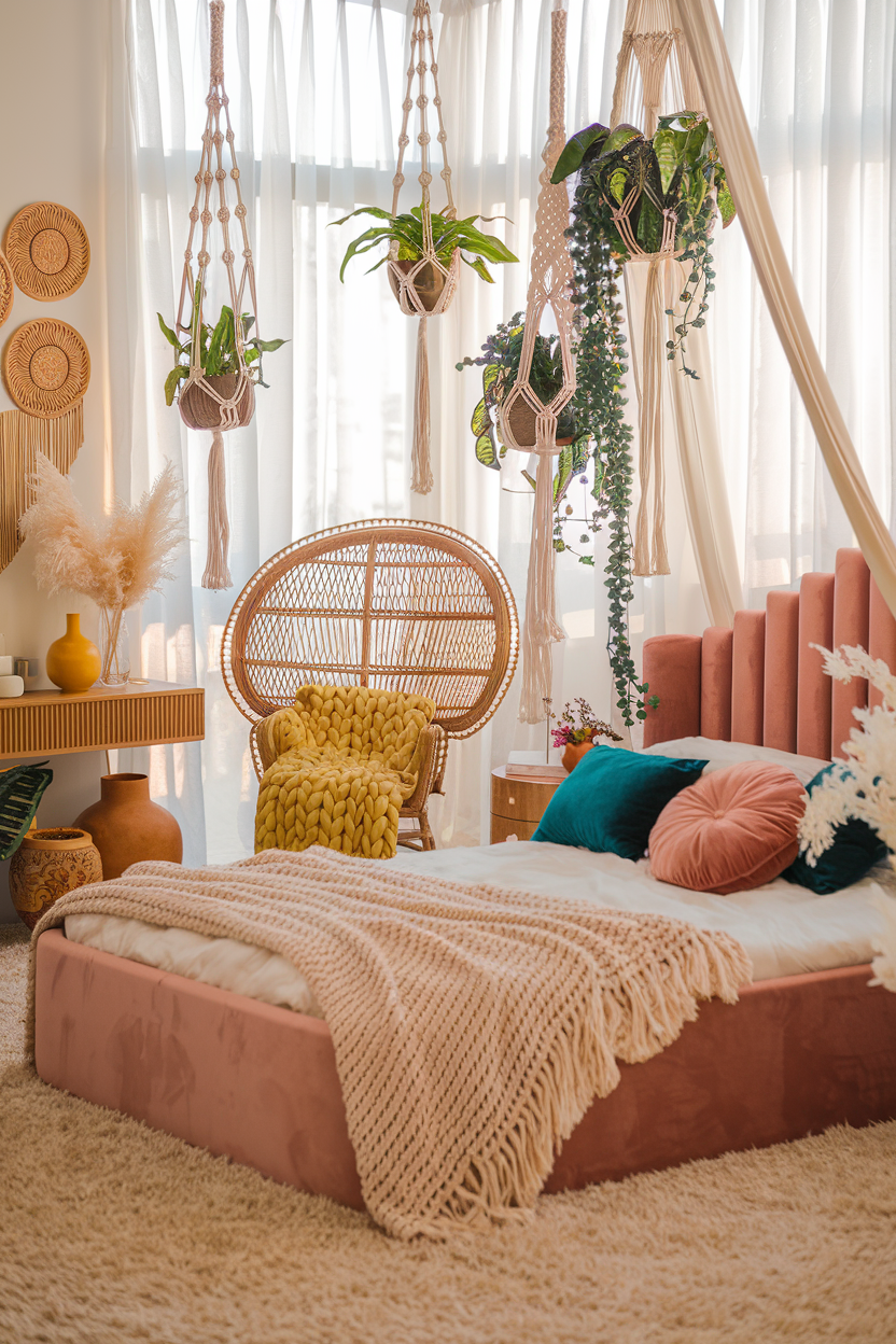 A photo of a dreamy bedroom with a plush pink velvet bed, a cream shag carpet, and sheer white curtains. The room is flooded with golden hour light. There are 3 macramé plant hangers with trailing pothos and string of pearls plants. A rattan peacock chair is in the corner, draped with a chunky knit bright yellow throw. There is an ethereal vanity display with rose quartz crystals and dried pampas grass. The room has pops of electric turquoise in velvet accent pillows and a statement art piece. There are touches of marigold yellow in ceramic vases and woven wall hangings.