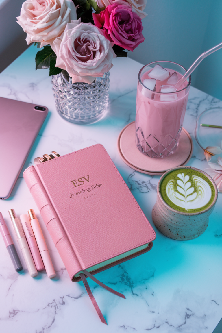 A photo of a soft leather ESV journaling Bible in blush pink with gold-edged pages resting on a white marble desk with gentle gray veining. Beside it, there is an artfully arranged collection of Bible study tools, including dual-tip Scripture highlighters in muted pinks and neutral tones, and a linen-bound prayer journal with delicate gold detailing. A crystal vase holds fresh garden roses in varying shades from pale blush to deep rose, creating an elegant ombre effect. For refreshment, there's a rose-tinted coconut water in a faceted glass tumbler with geometric ice cubes and a pale pink glass straw, alongside a perfectly crafted matcha latte with oat milk foam art in a handmade ceramic cup. An iPad Pro in rose gold sits on a minimalist stand, displaying an open Bible app with highlighted verses. Ethereal morning light filters through sheer white linen curtains that gently sway, framing a view of a cottage garden