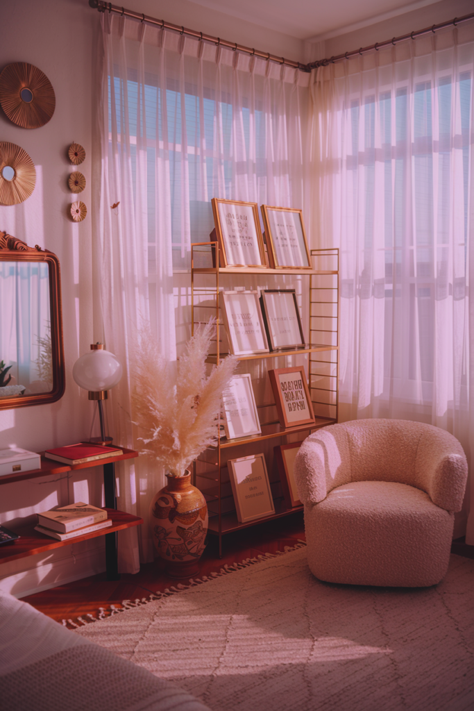 A photo of a sun-drenched bedroom with golden morning light streaming through sheer white curtains. The focal point is a boucle armchair in the corner. There is a gold bookshelf and Bible verse art in vintage frames displayed between books. The room features touches of aesthetic decor, including a ceramic vase with pampas grass, a vintage mirror, a wooden shelf with a lamp and a book. The floor is covered with a beige rug. The walls have a few pieces of wall decor.