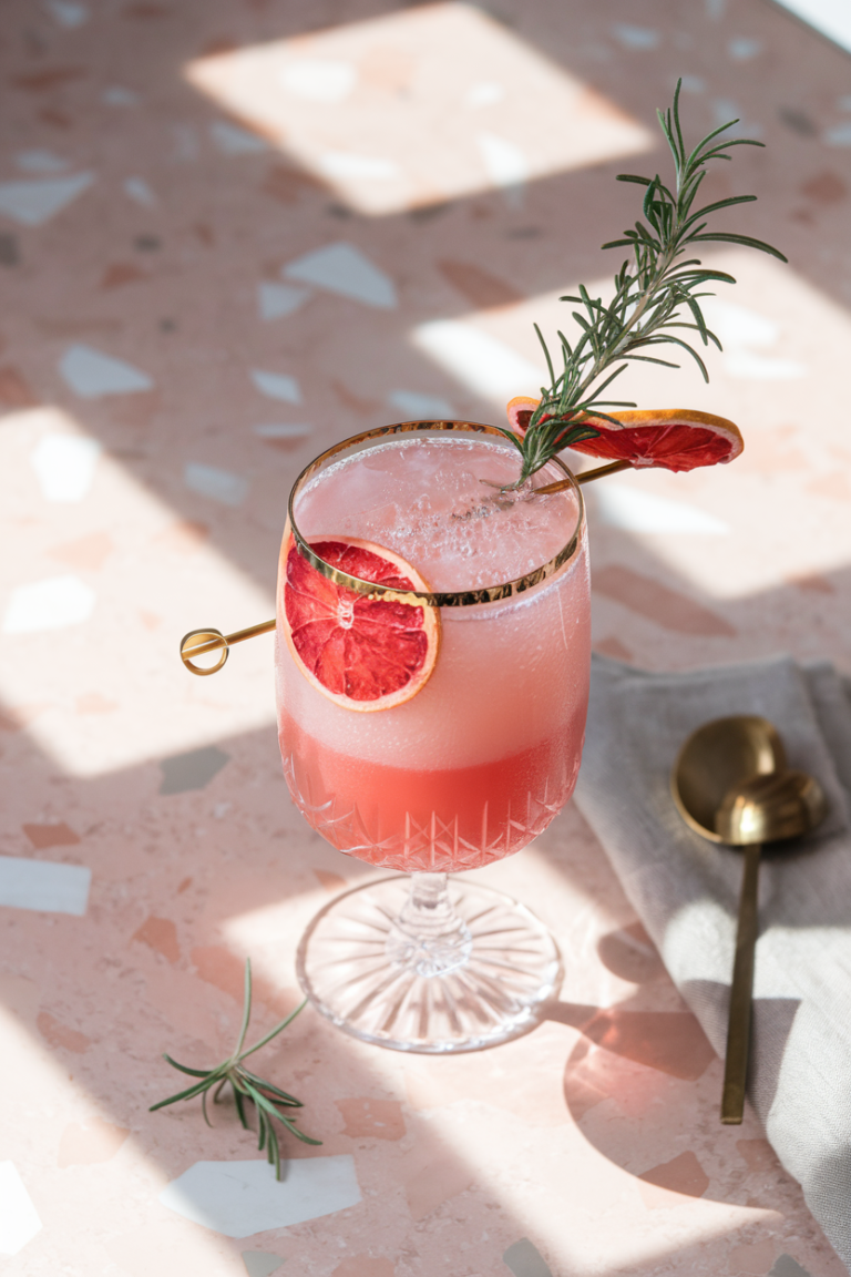 A photo of a tall crystal coupe glass with a delicate gold rim, filled with a gradient pink-to-coral sparkling mocktail. The mocktail is made with fresh-squeezed ruby red grapefruit juice, creating a mesmerizing ombré effect. The drink is topped with rosemary-infused sparkling water. A gold cocktail pick pierces a dehydrated grapefruit wheel and a fresh rosemary sprig. The glass is set on a blush-toned terrazzo surface. A gray linen napkin and a brass stirring spoon are placed nearby. The scene is illuminated by morning light, casting geometric shadows across the image.