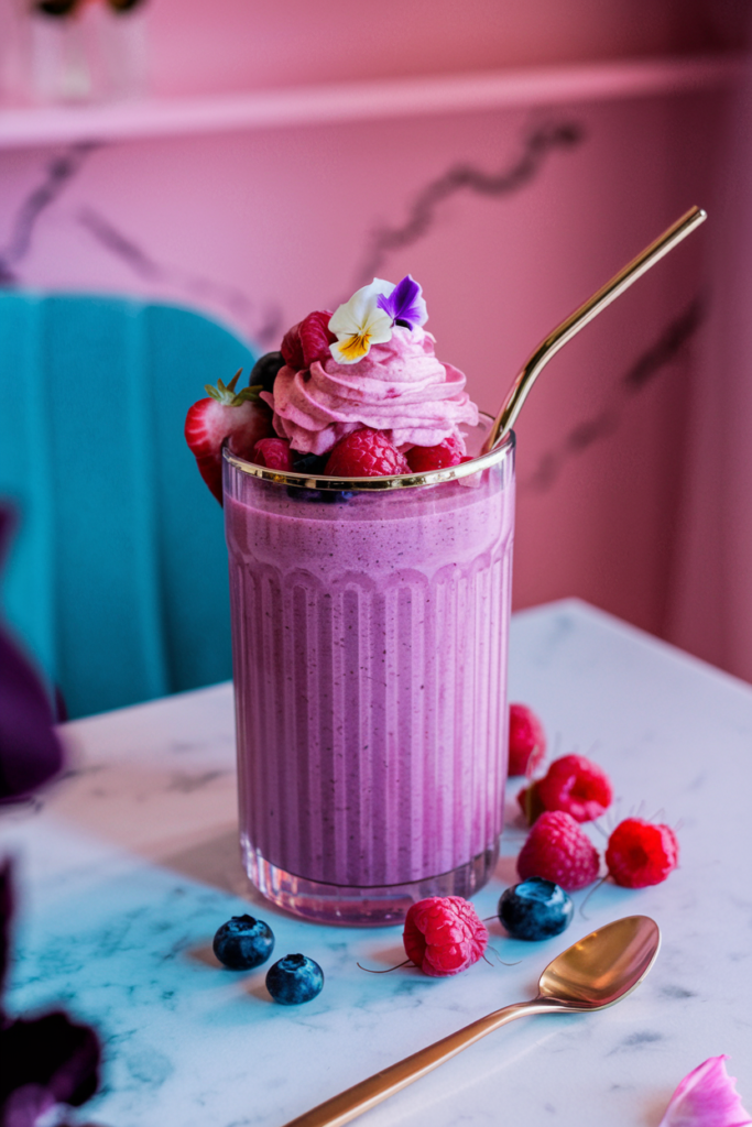 A photo of a vibrant purple-pink smoothie in a tall glass carafe with a gold rim. The smoothie is garnished with fresh berries and is topped with a delicate cream swirl and edible flowers. The photo is shot from a 45-degree angle. The smoothie is served on a white marble surface. The smoothie is styled with a gold spoon. The background is a modern marble office desk in a feminine office.