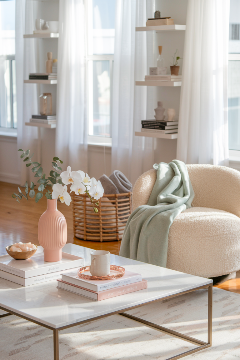 A photo of a modern apartment living room with a bright, airy atmosphere. The room has large windows, allowing natural sunlight to stream in and illuminate the space. There are white sheer curtains gently billowing in the breeze. In the foreground, there is an aesthetic organizational moment with a blush pink ceramic vase filled with eucalyptus stems, a stack of minimalist coffee table books, and a cream-colored ceramic tray holding a single white orchid. The room features a plush cream bouclé accent chair with a soft sage green throw blanket casually draped over it. A clean marble coffee table holds a collection of perfectly organized items, including a rose gold tray with crystals, a white ceramic mug with matcha, and a rattan basket filled with freshly rolled blankets. The background reveals gleaming hardwood floors and organized floating shelves styled with minimal decor in a neutral color palette of white, beige, and soft sage green.