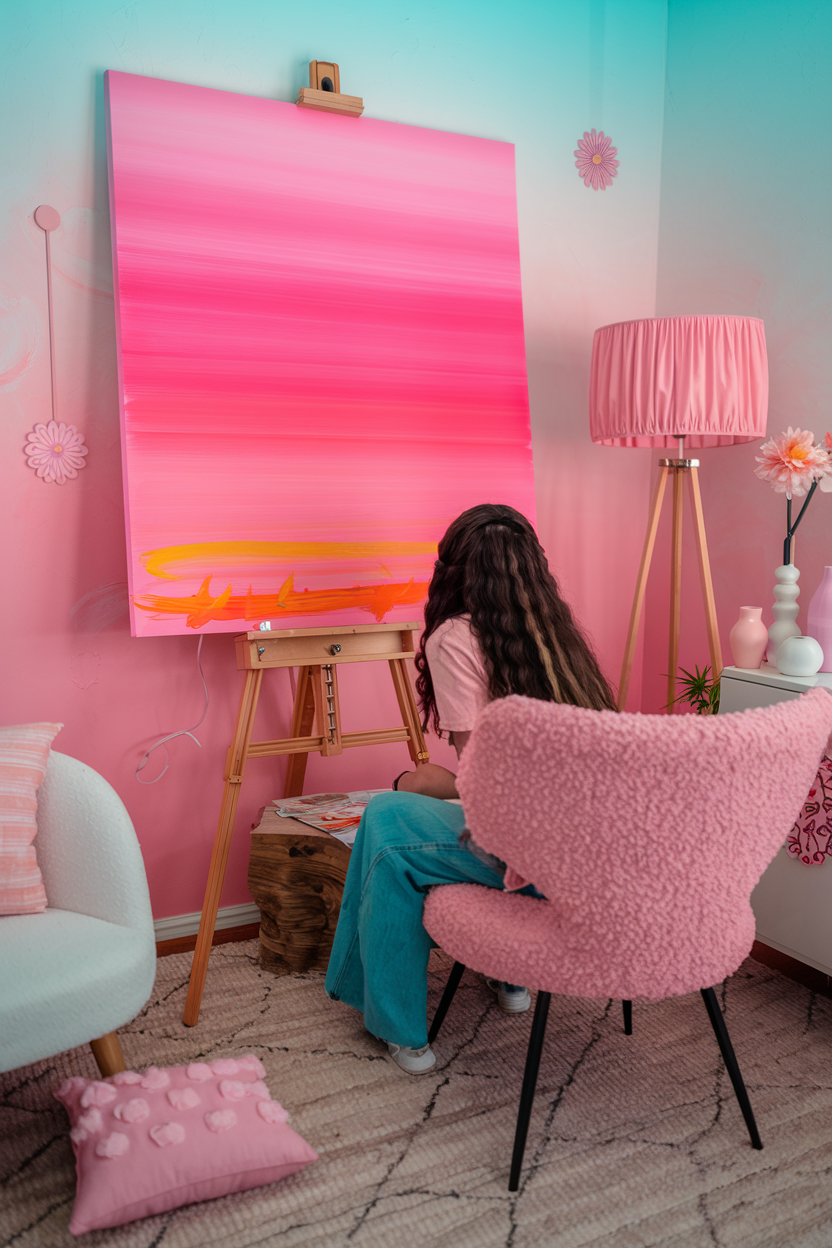 A photo of a girly room with a feminine aesthetic. The room has a pink ombre sunset painting on the wall. The painting has a gradient of pink shades, from light to dark, with a few strokes of orange and yellow at the bottom. The painting is on an easel. The back of a brown-skinned young woman with long curly hair is sitting down in a boucle chair and painting the wall. The room has a beige rug, a pink lampshade, a white chair, and a wooden side table. There are also a few decorative items, such as a pink flower, a white vase, and a small plant.